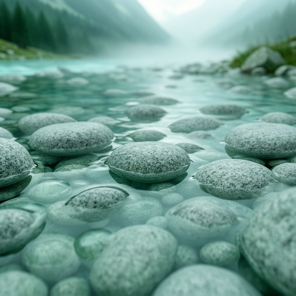 Smooth river stones in clear water