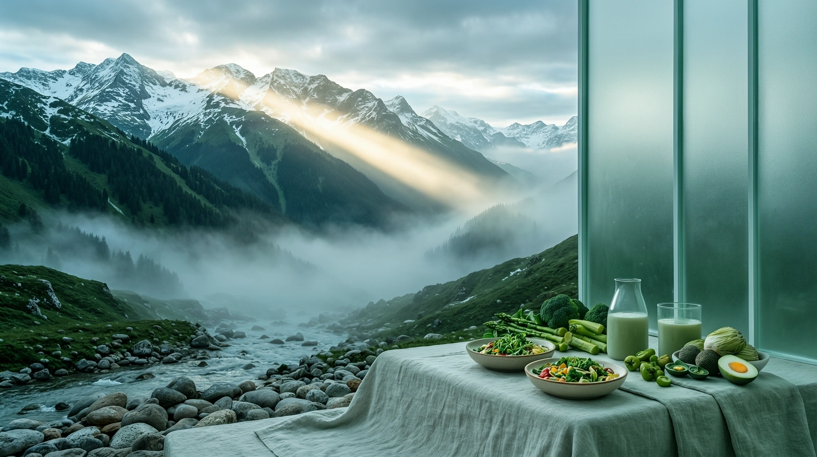 Swiss Alpine peaks in morning mist